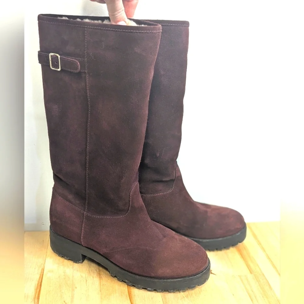 Bally Tall Suede shearling Boots Maroon Apres Ski Designer 36 5.5 / 6 Lug Soles
